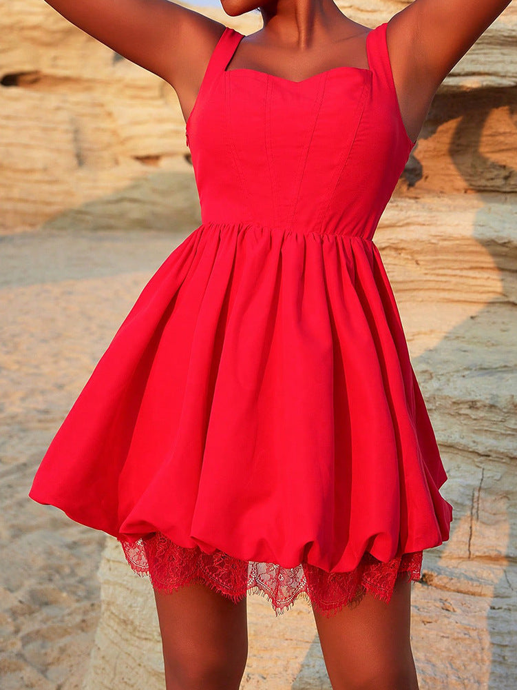 Women sexy suspenders red lace summer Backless Formal Party Dress 3