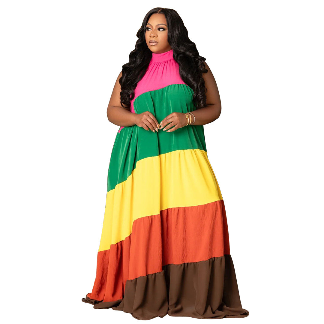 Plus Size Women Patchwork Contrast Maxi Dress 6