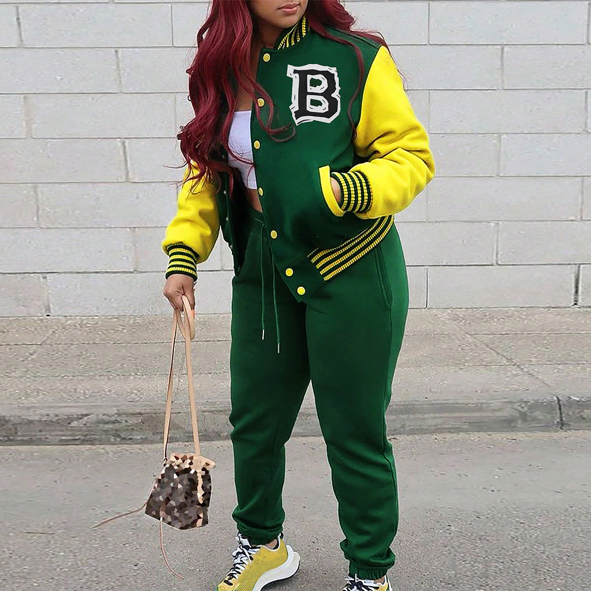 Autumn And Winter Women's Button Print Fashion Casual Baseball Jacket Pants Two-Piece Set 3