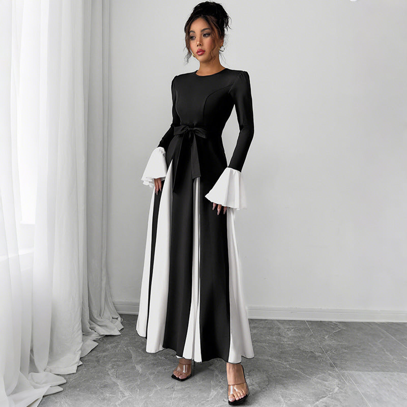 Women Fall/Winter Lace-Up Round Neck Patchwork Contrast Color Bell Bottom Sleeve Dress 6