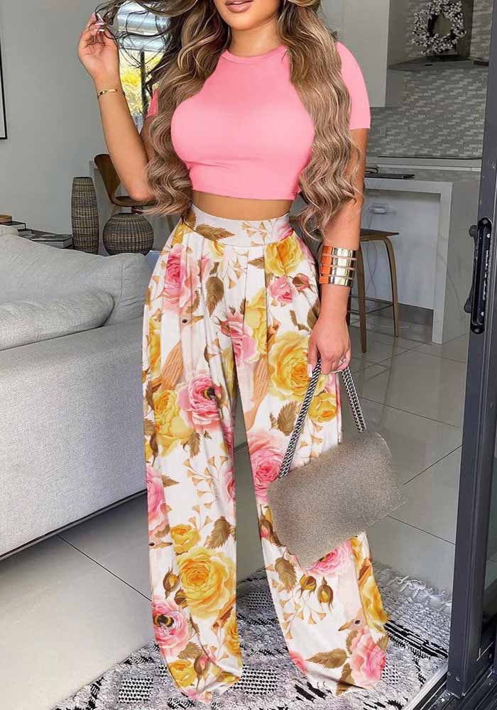 Women printed Casual short-sleeved T-shirt + wide-leg pants two-piece set
