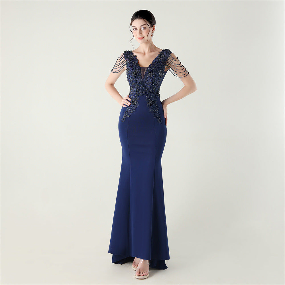 Women Heavy Beaded Applique Fishbone Train Lace-Up Formal Party Evening dress 15