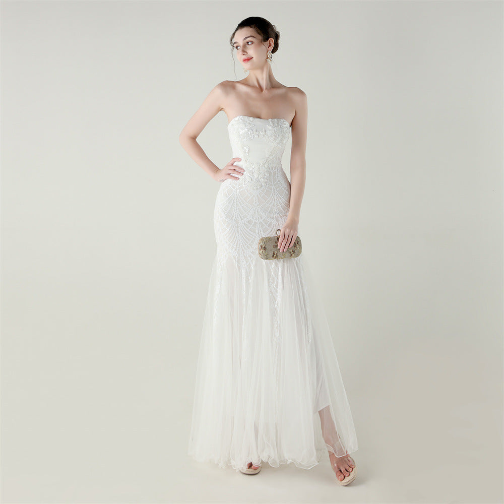 Women Strapless cross Lace-Up sequined tube flower sequined mesh evening dress Formal Party evening dress 69