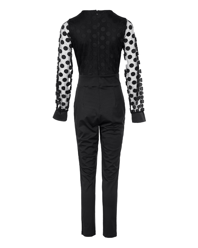 Career Women's Black Mesh Polka Dot Long Sleeve Jumpsuit 4