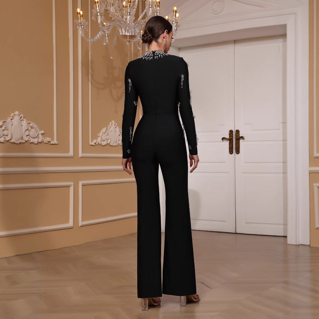 Women Black Long Sleeve Evening Bandage Beaded Bell Bottom Jumpsuit 4