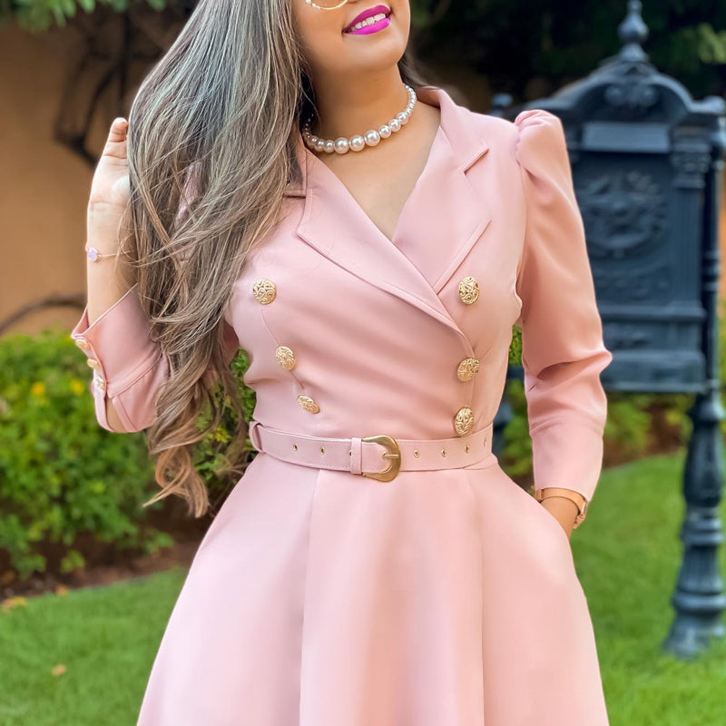 Elegant Women'S Turndown Collar Carrer A-Line Dress With Belt 5