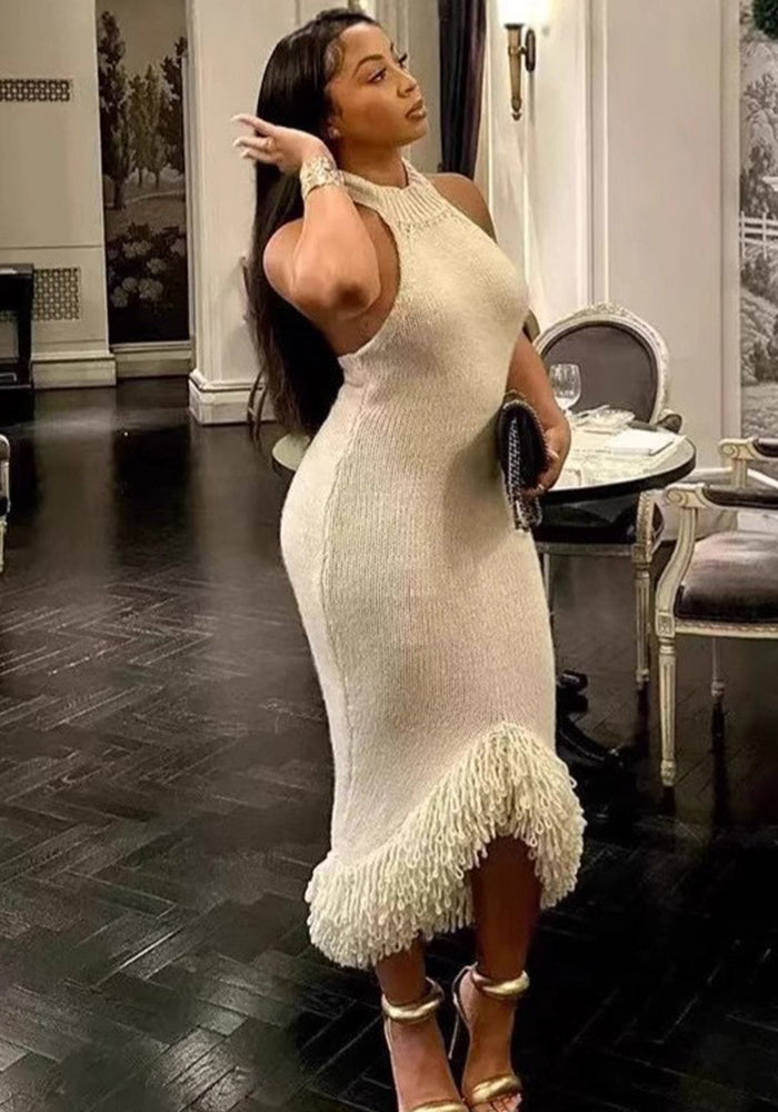 Women’s Sexy Halter Neck Low Back High-Waist Bodycon Fringe Knit Dress