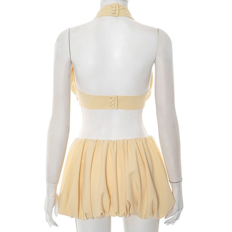 Women's Summer Solid Color Sexy Low Back Halter Neck Crop Top Sexy Short Skirt Set 8