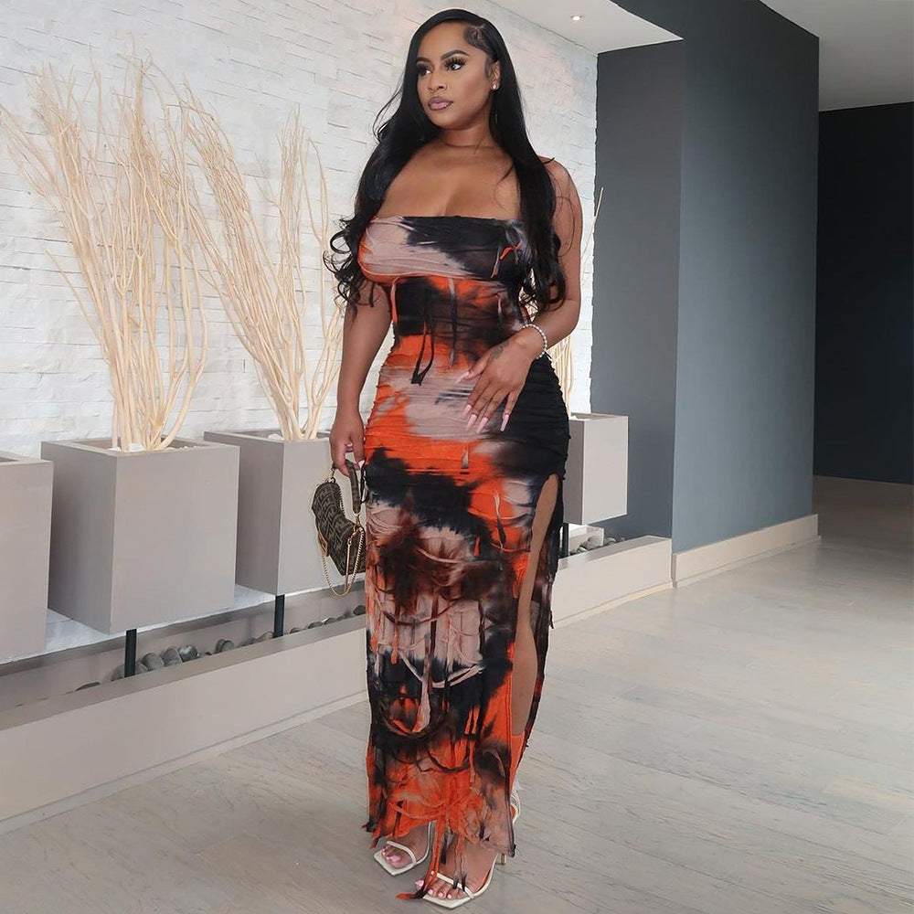 Women summer sleeveless backless split tie-dye dress 4