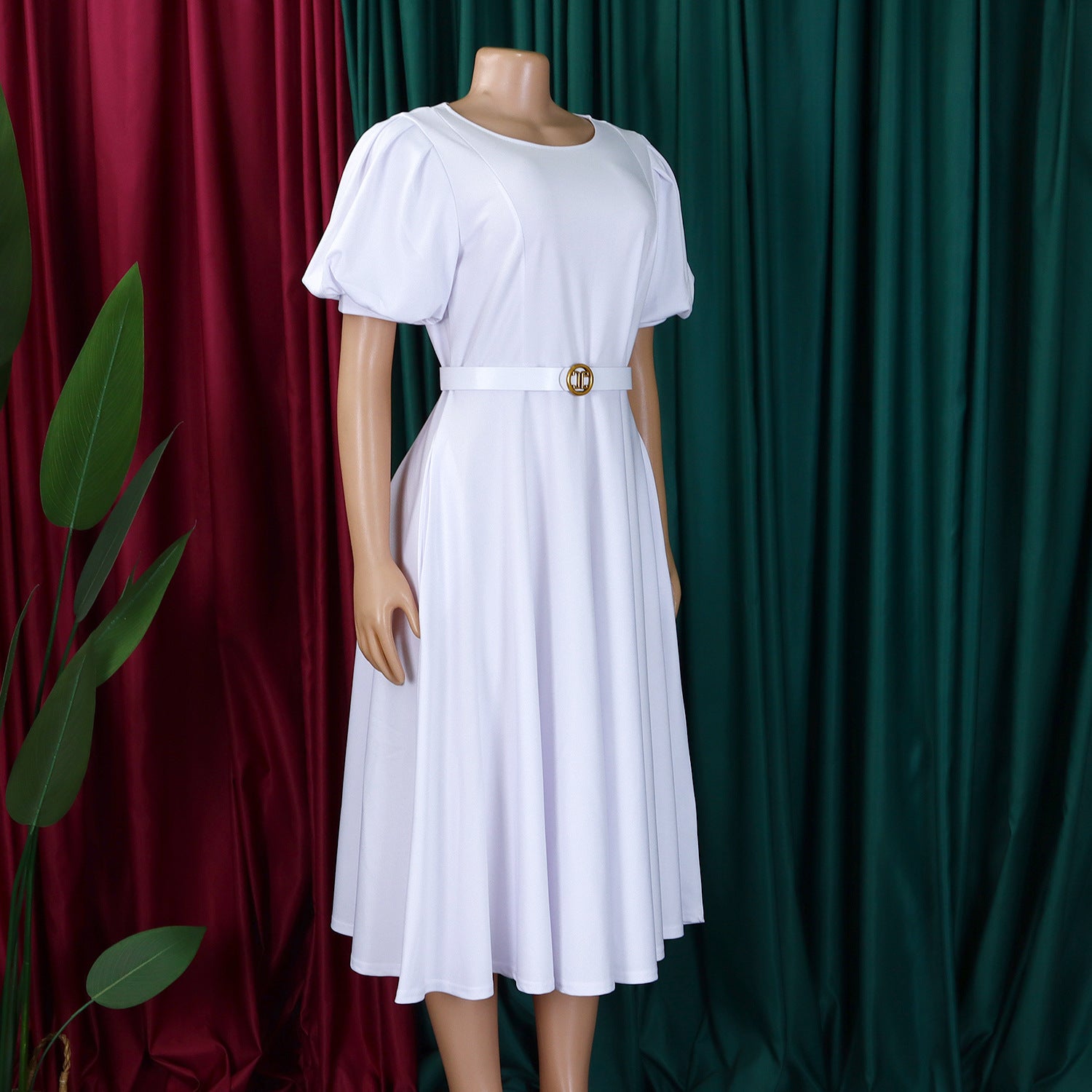 Women's Summer Trendy Puff-Sleeve Elegant High-Waist Solid Round Neck A-line African Dress 20