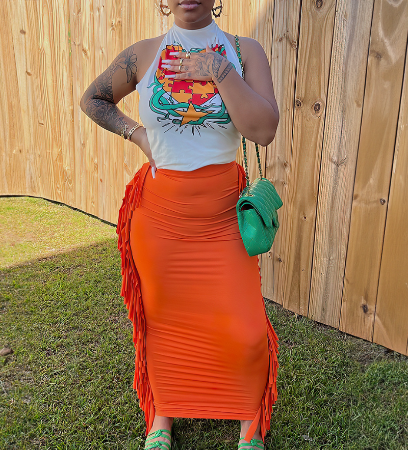 Fashion Printed Vest Tassel Skirt Two Piece Set