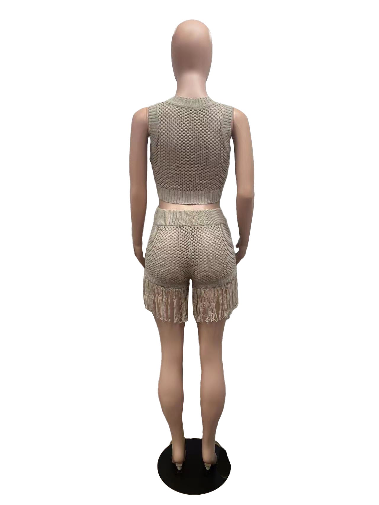 Women knitting Crochet hollow tassel sexy Top and shorts two-piece set 7
