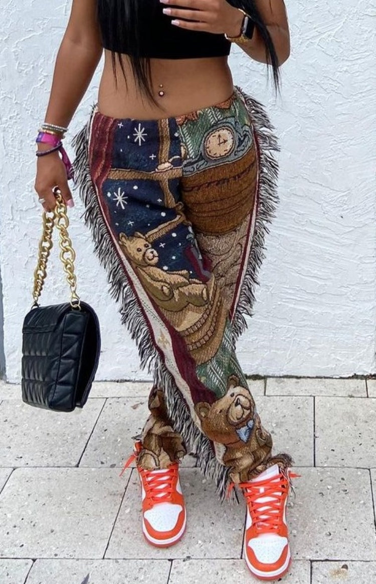 Fall Casual Retro Print Tassels Trouser