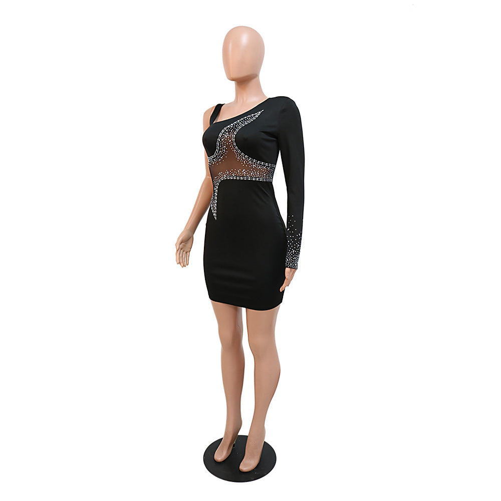 One Shoulder Long Sleeve See-Through Mesh Patchwork Beaded Bodycon Dress 9
