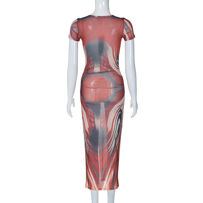 Women's Winter Fashion Sexy Printed Slim Slit Round Neck Short Sleeve Dress 11