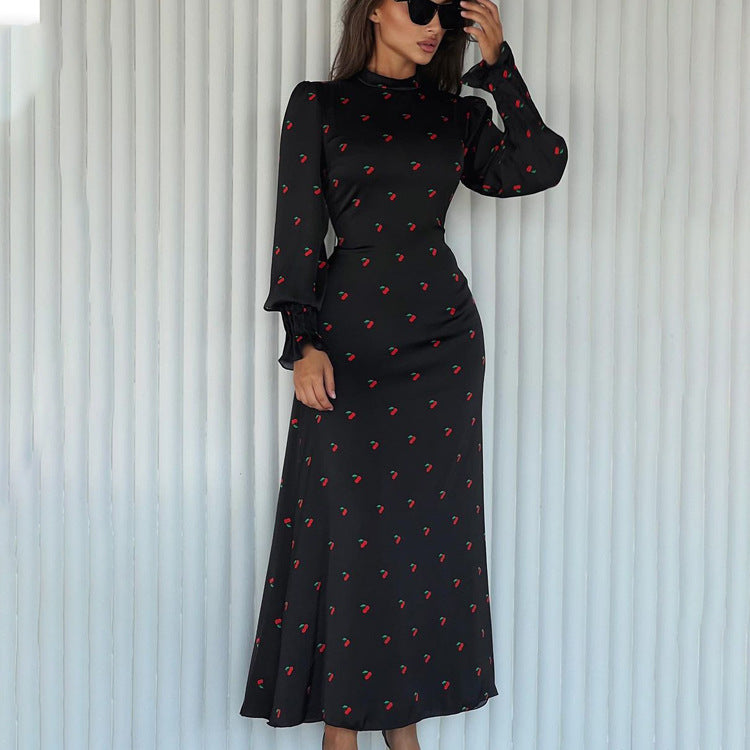 Women's Printed Round Neck Long Sleeve Dress Fall Fashion Slim Waist Satin Maxi Dress