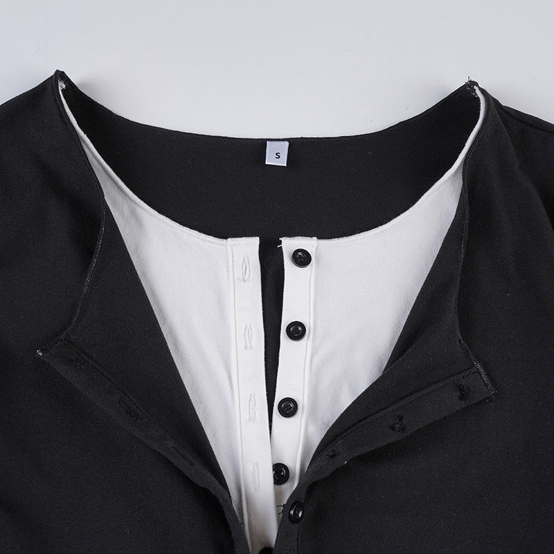 Black & White Contrast Fake Two-Piece Slim Waist Button-Down Long-Sleeve T-Shirt 23
