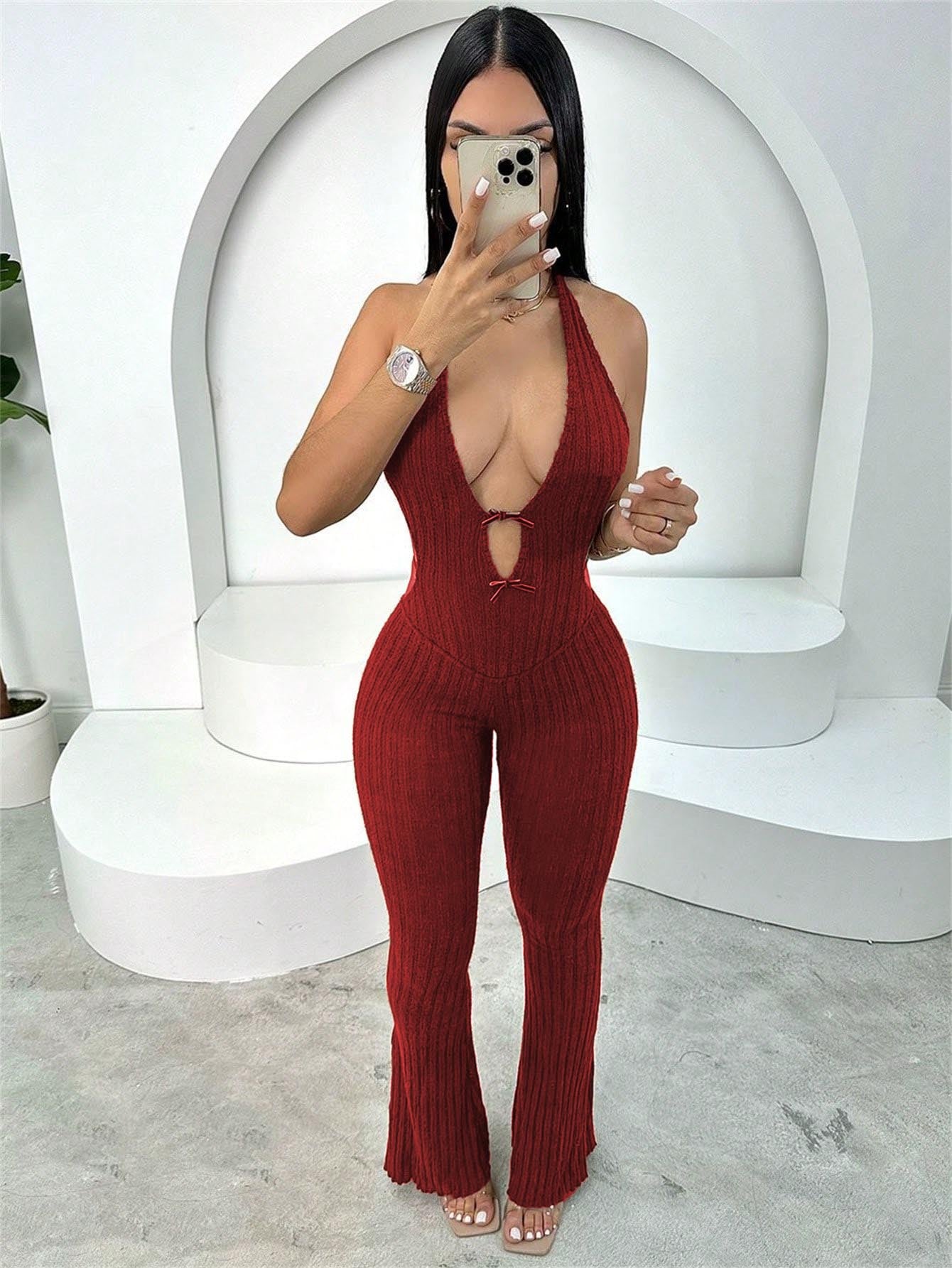 Women summer Halter Neck lace-up backless sexy Bell Bottom Jumpsuit 6