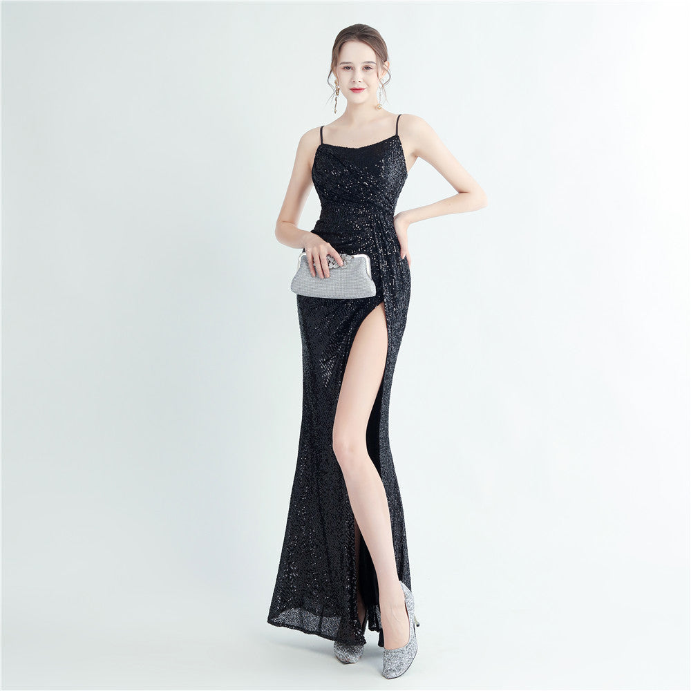 sequin pleated side slit straps long evening dress 14