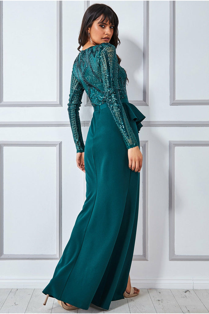 Women Elegant Long Sleeves Sequins Slit Evening Dress 14