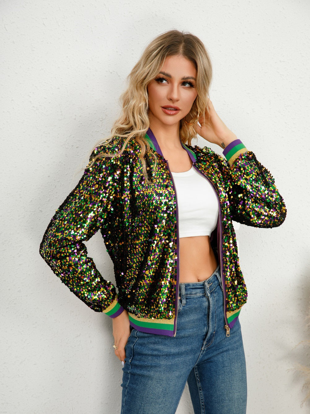 Color block sequin fashionable spring and autumn women's baseball jacket 3