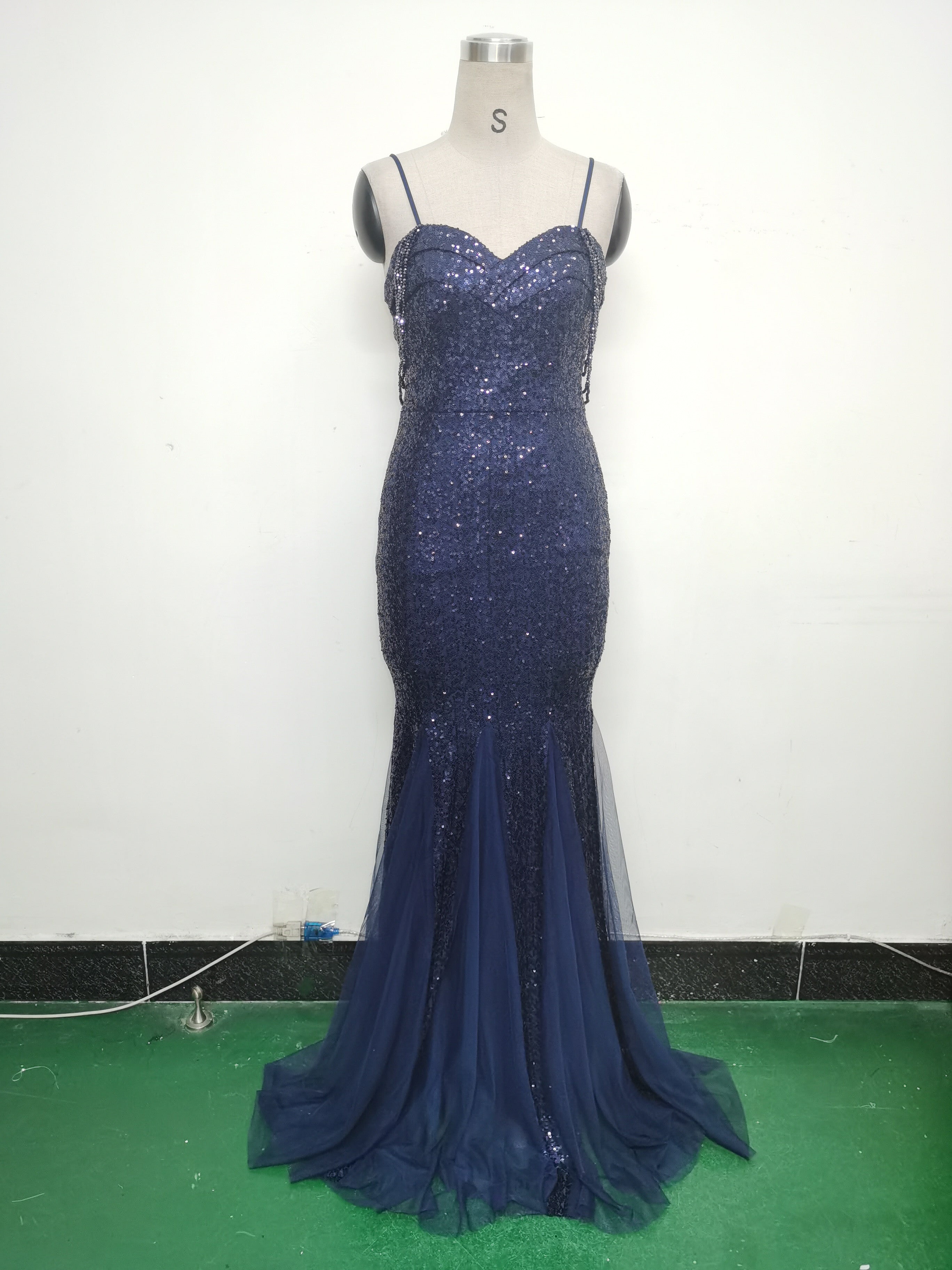 Strap Beading Mesh Sequin Evening Dress 34