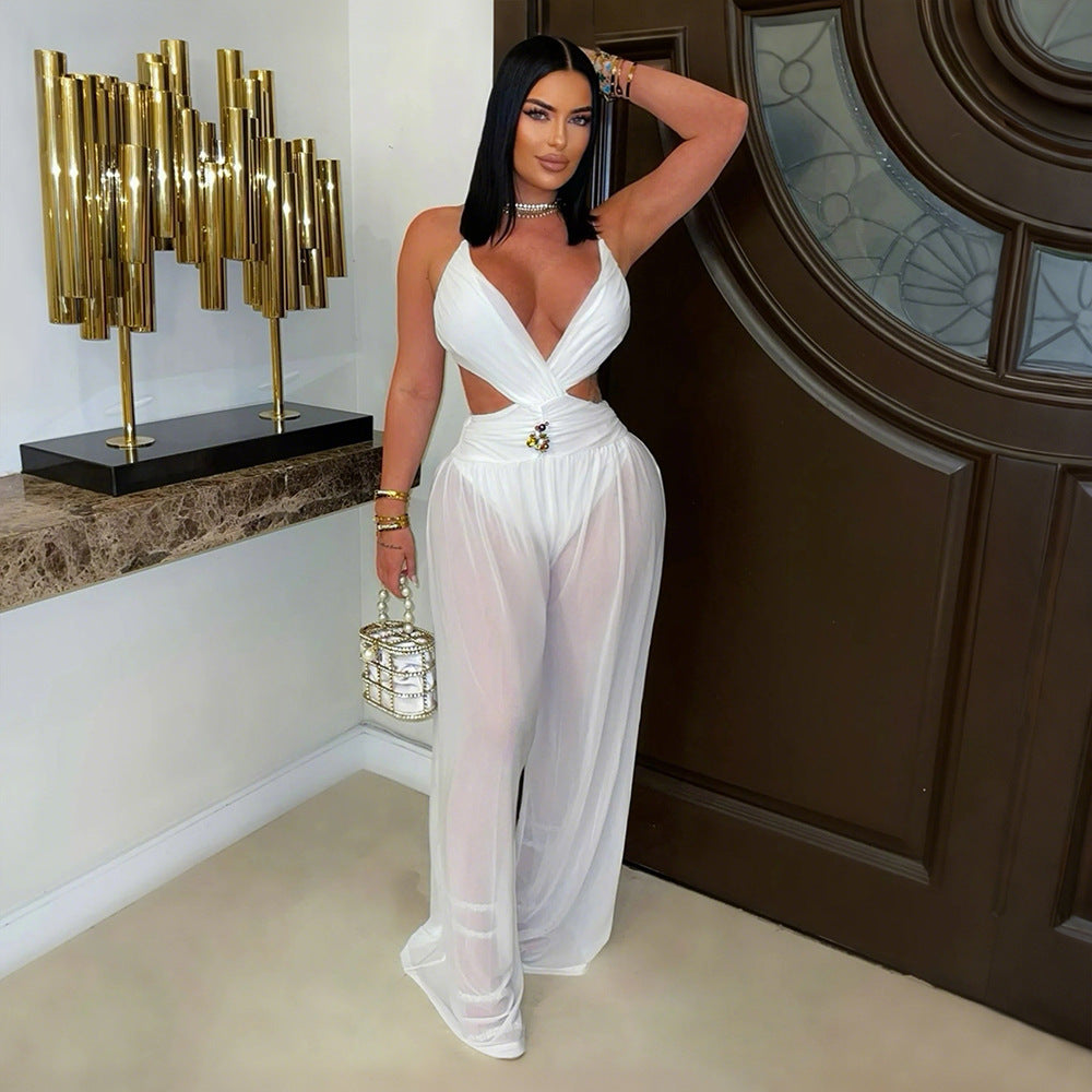 Sexy V-Neck Tie Low Back See-Through Jumpsuit with Long Pants for Women