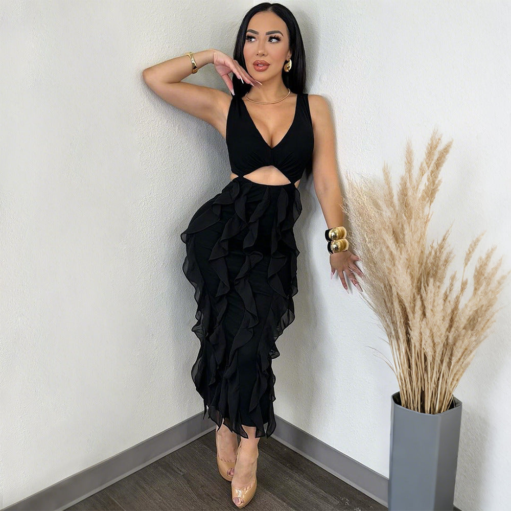 Women Sexy V-Neck Sleeveless Solid Ruffle Slit Dress 10