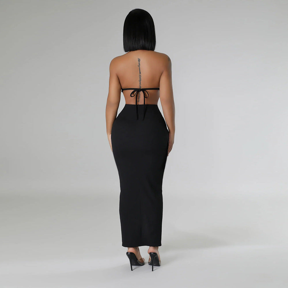 Fashion casual summer solid color sleeveless halter backless two piece skirt set 18