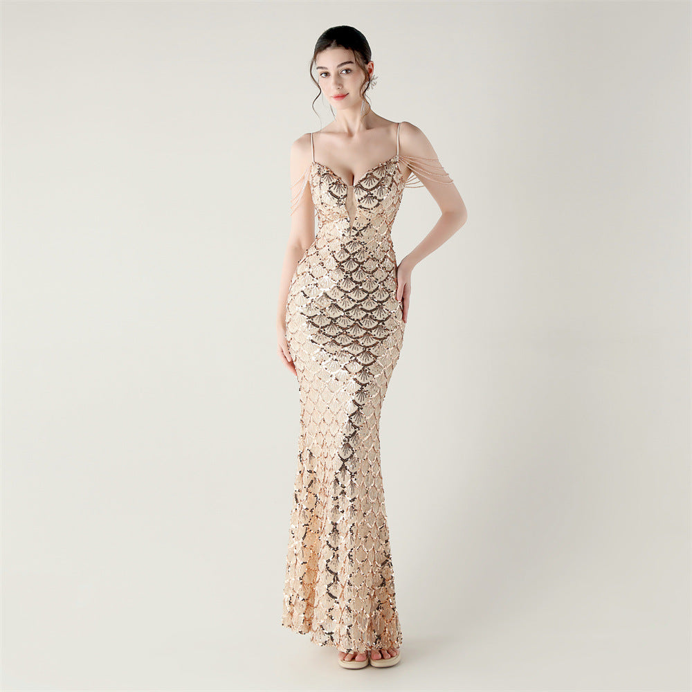 Deep V Strap Sequin Fishtail Evening Dress for Formal Occasions 5