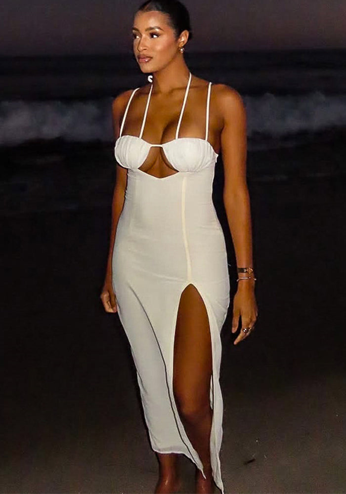 Women's Trendy Low Back Halter Neck Solid Color Hollow Slit Irregular Long Dress