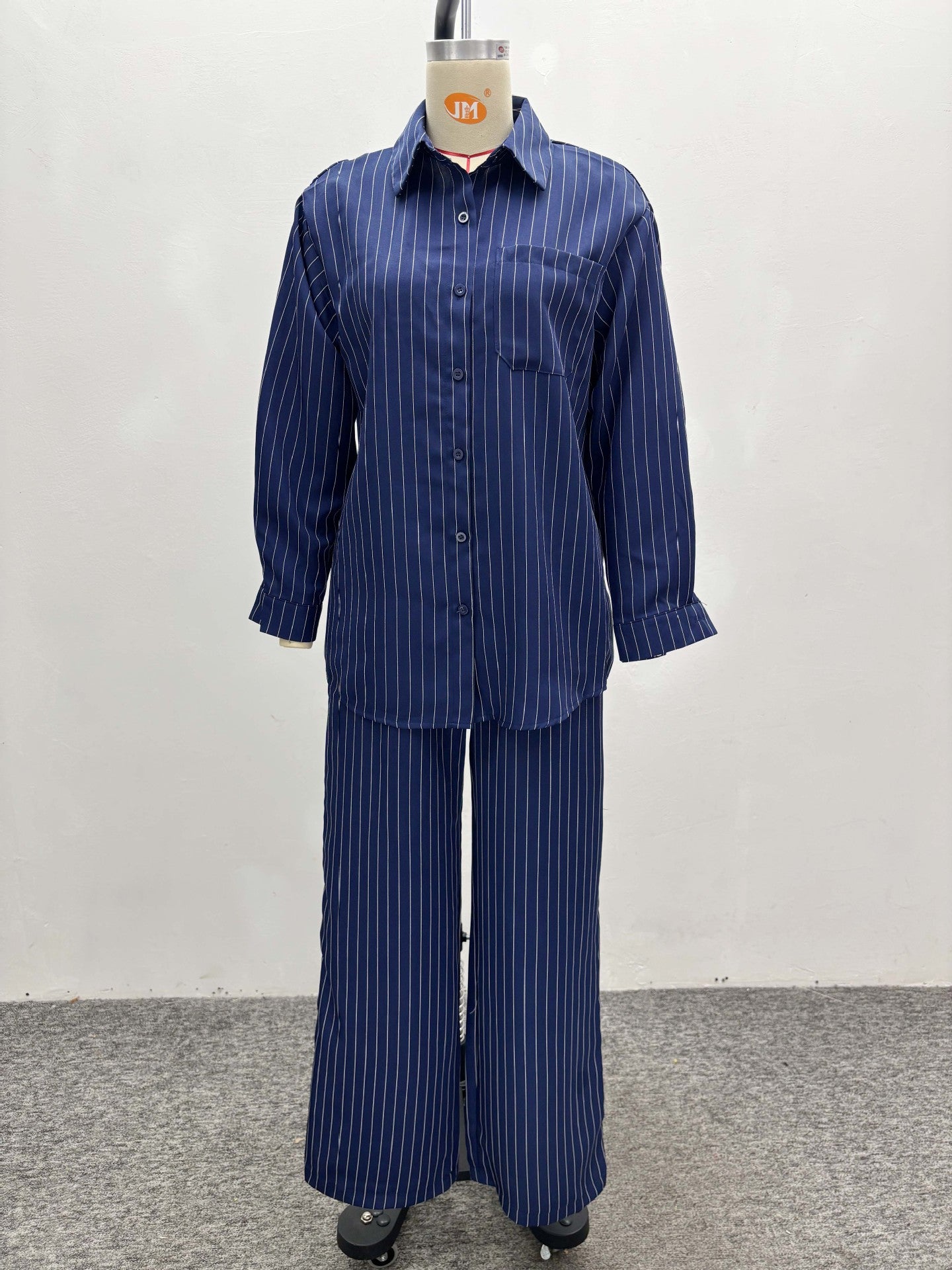 Women French Stripe Casual Long Sleeve Shirt Pants Two-piece Set 7