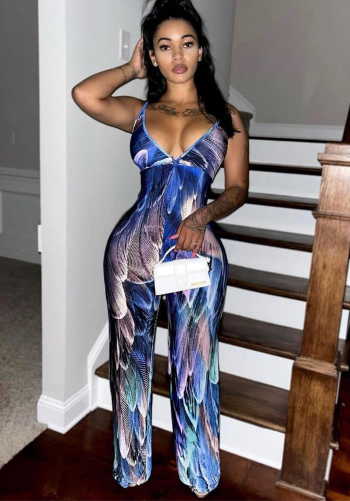 Fashion Sexy Printed Strap V-neck Slim Women's Jumpsuit