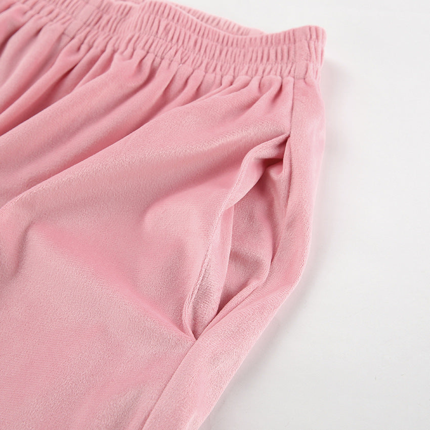 Pink Fashion Sports Suit Autumn Winter Zipper Turndown Collar Two-Piece Women Pants Set 15