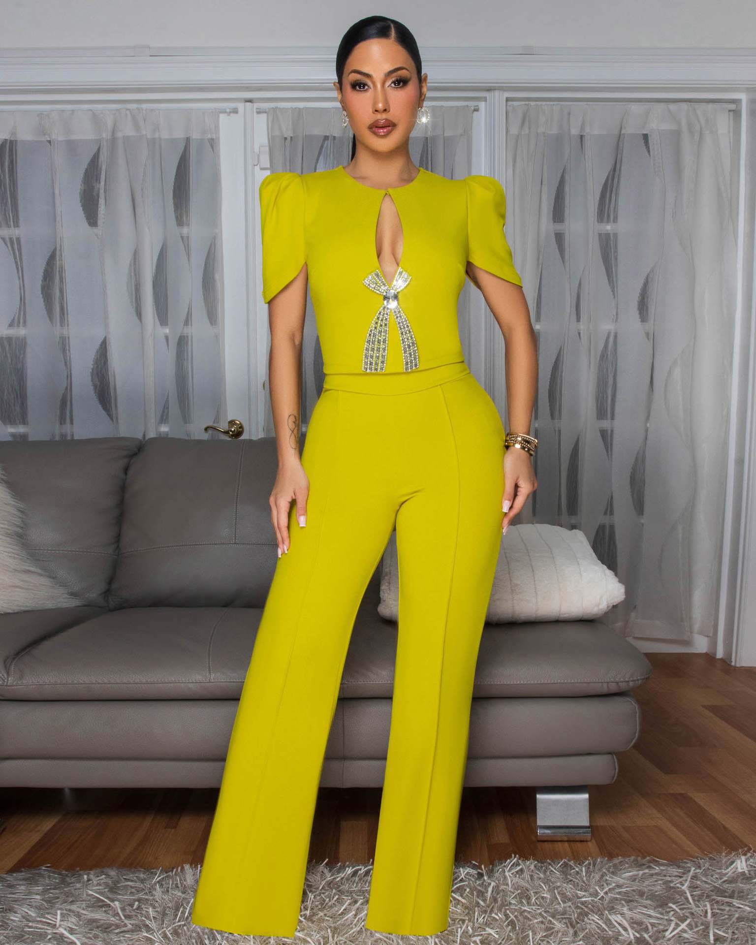 Women Style Line Bow Short Sleeve Casual Wide Leg Jumpsuit 5