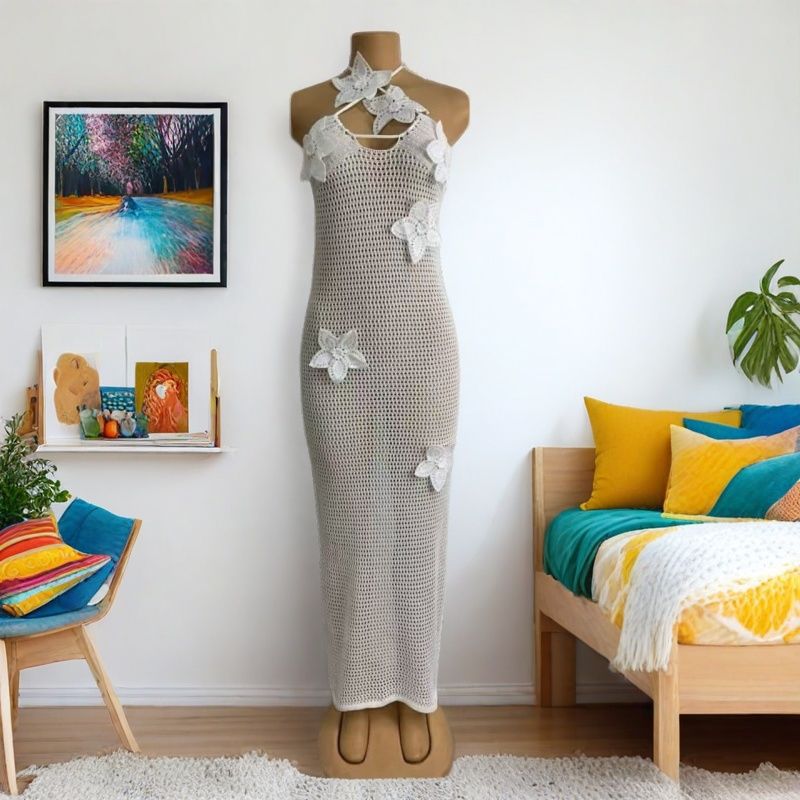 Women autumn Soid flower strap off-shoulder see-through dress 6