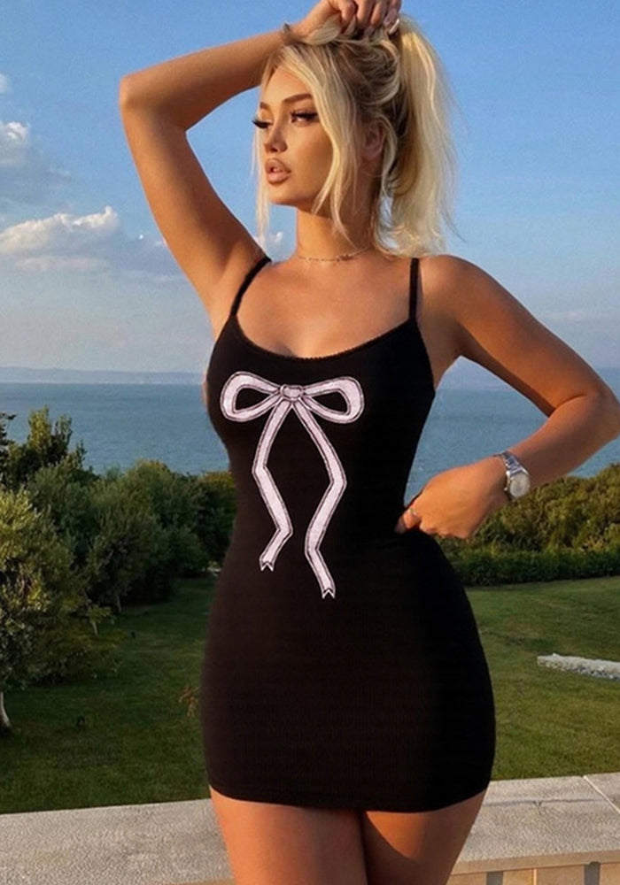 Women Spring Sexy U-neck Bow Print Backless Strap Dress