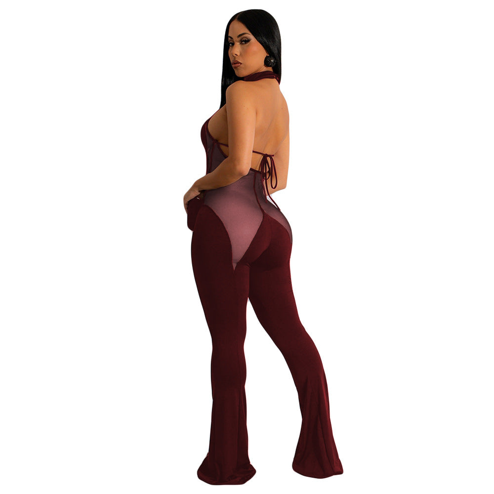 Women's mesh Patchwork Solid Color Sexy Wide Leg Jumpsuit 8