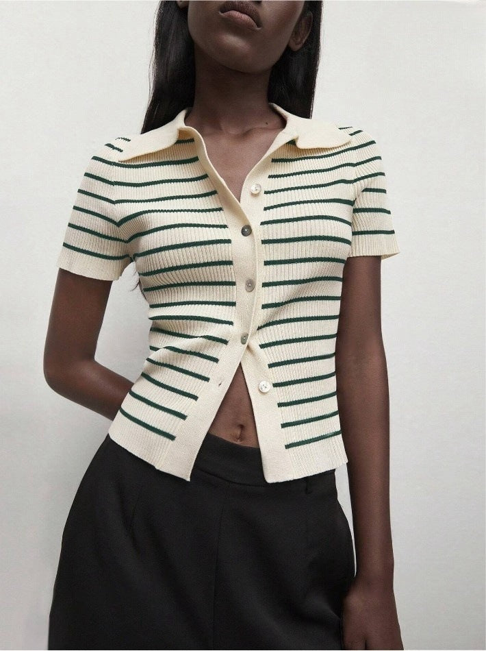 Autumn Winter Turndown Collar Slim Fit Striped Short Sleeve Women Knit Cardigan 12