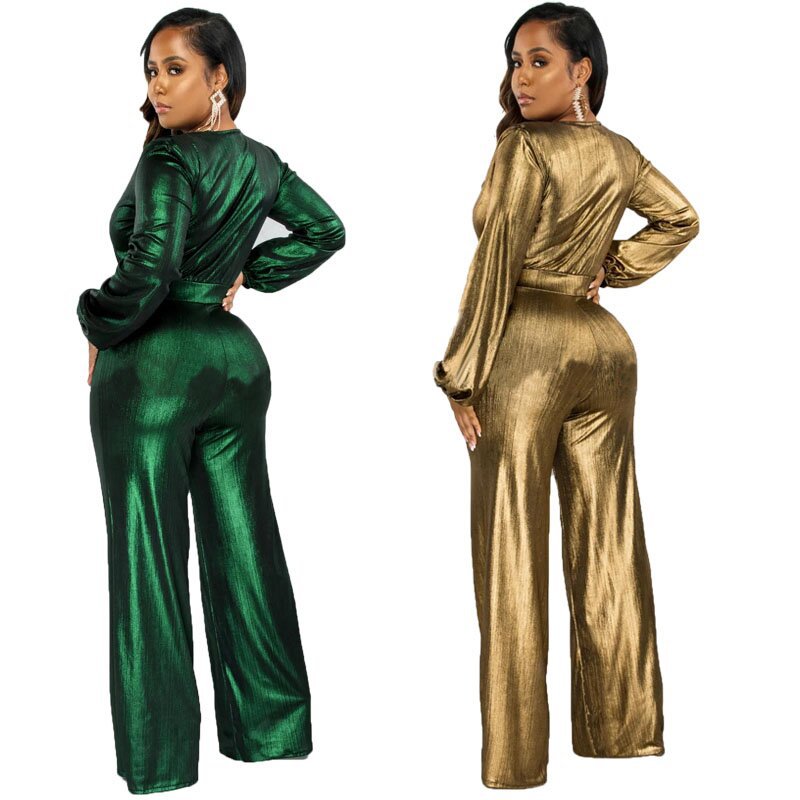 Sexy V Neck Shiny Long Sleeve Ladies Jumpsuit 24
