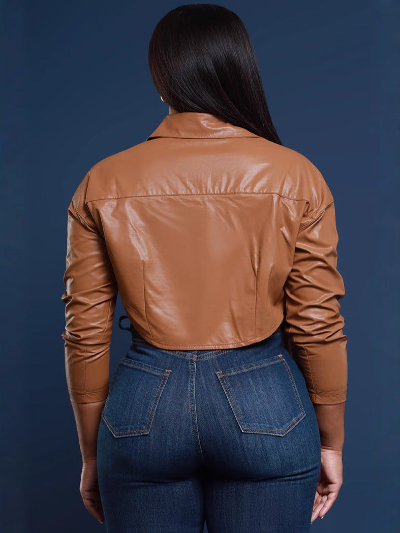 Fashionable Women's Long Sleeve Turndown Collar Single-Breasted Pocket Pu Leather Jacket