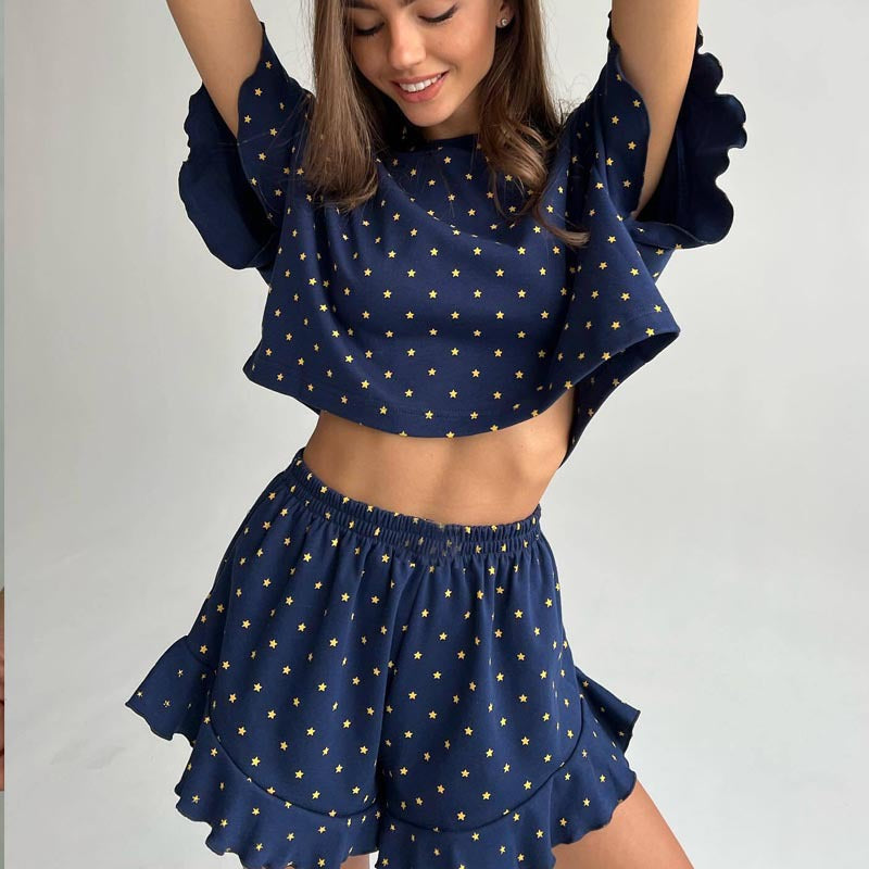 Spring/Summer Fashion Loose and Comfortable Ruffled Star-Print Short Sleeve Shorts Pajamas Women's Home Clothes Set