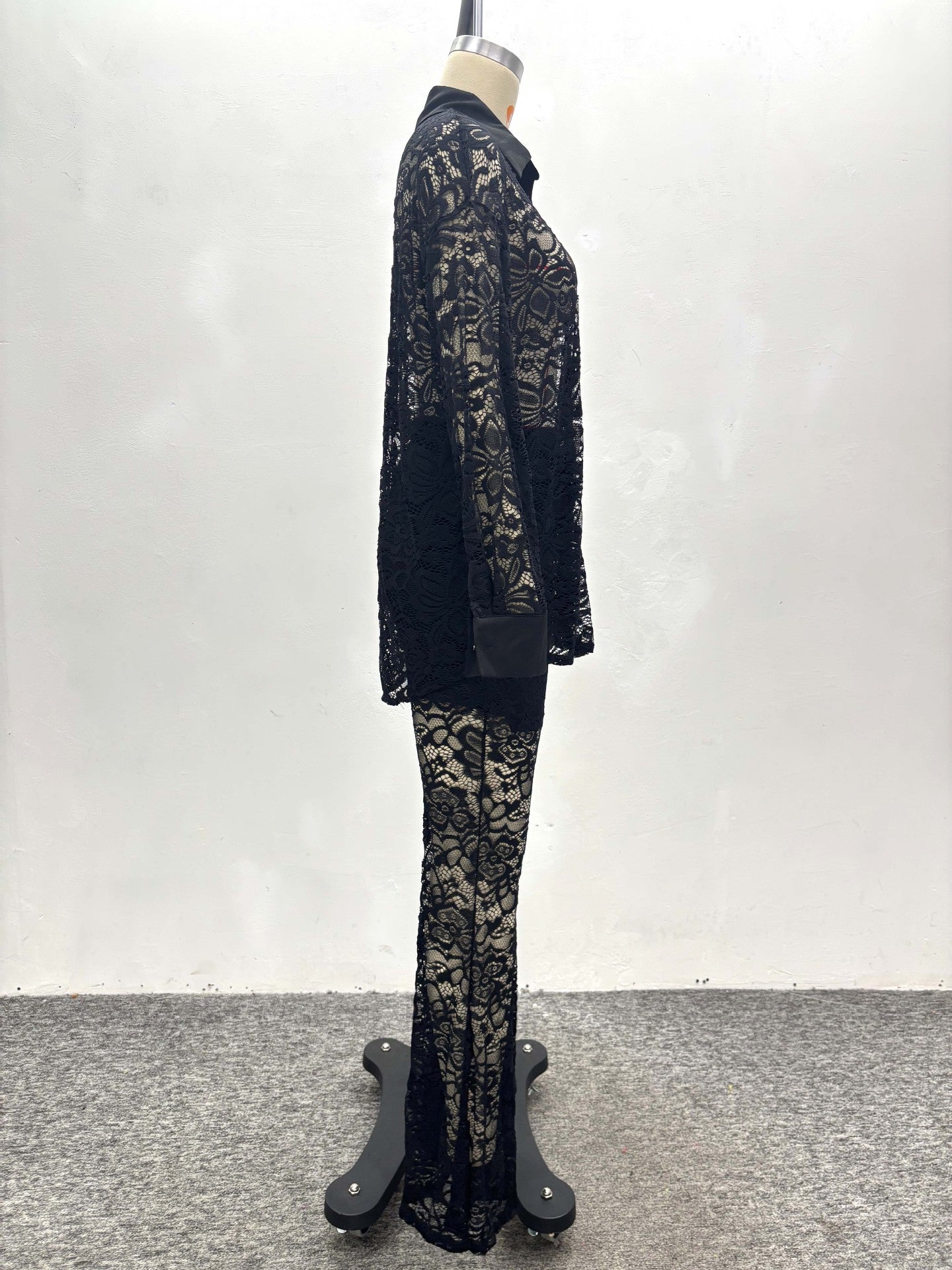 Women Hollow White Cardigan Lace Shirt and Wide-leg Pants Two-piece Set 14