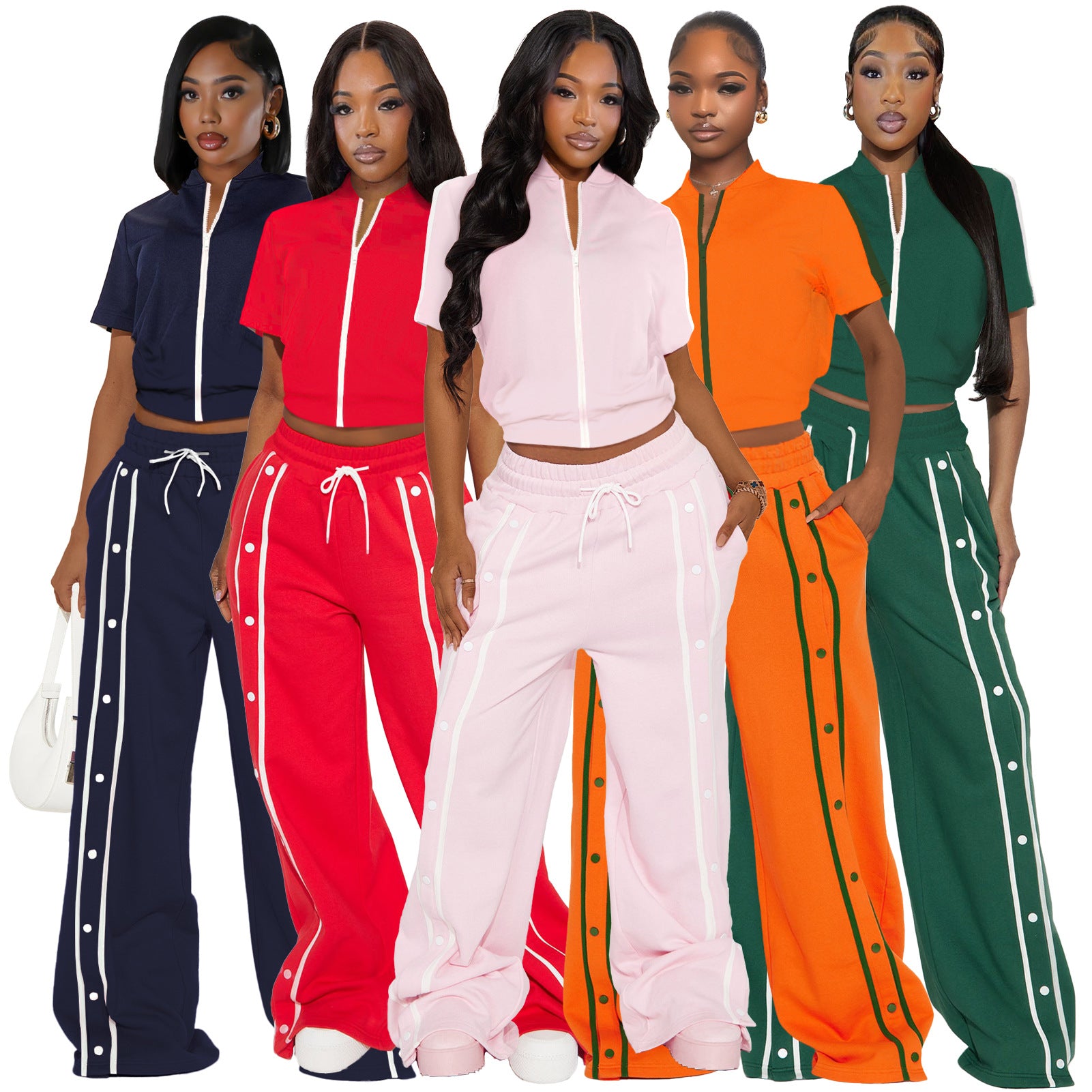 Women's Sports Two-Piece Set Buttoned Loose Pocket Wide-Leg Pants & Short Sleeve Zipper Top 14