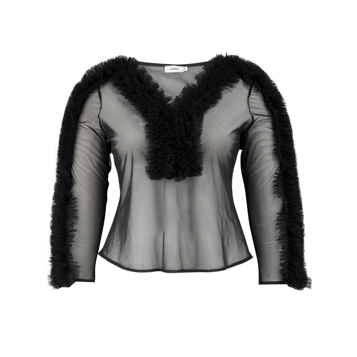 Sexy See-Through Long Sleeve Blouse V-Neck Mesh Patchwork Slim Waist Slim Fit Tops 6