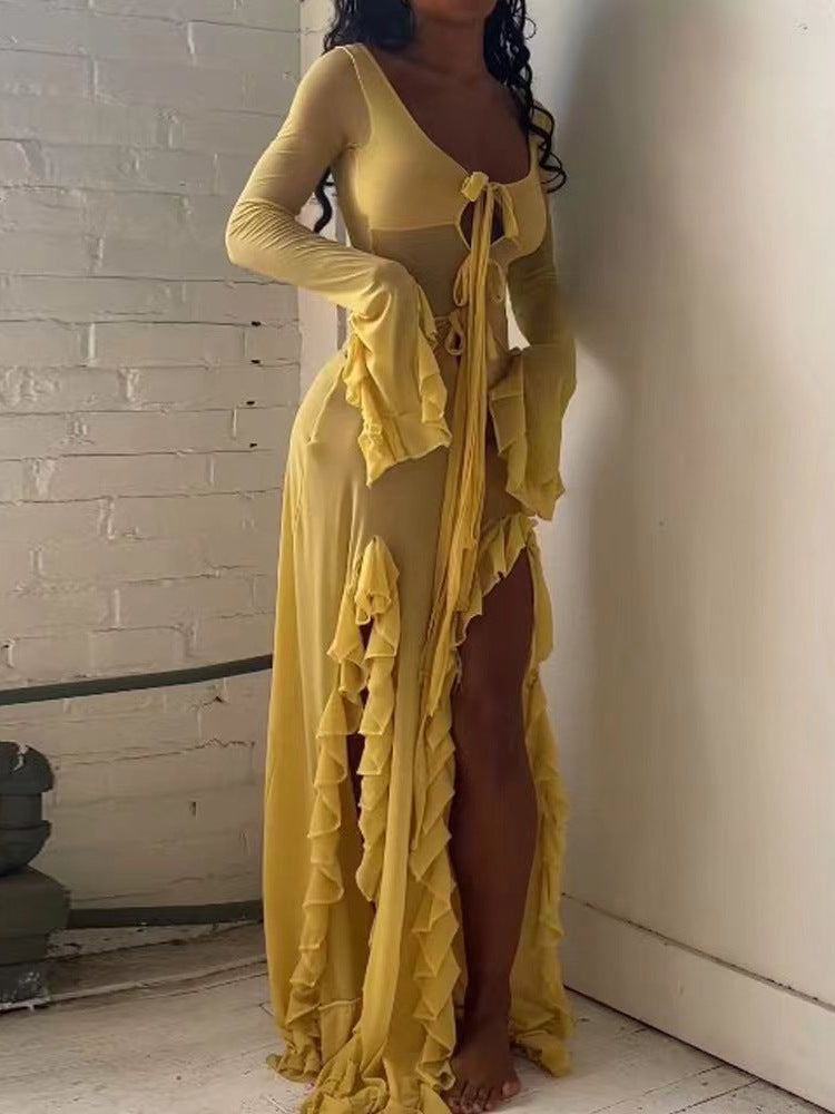 Women Sexy See-Through Long Sleeve Ruffle Slit Dress 3