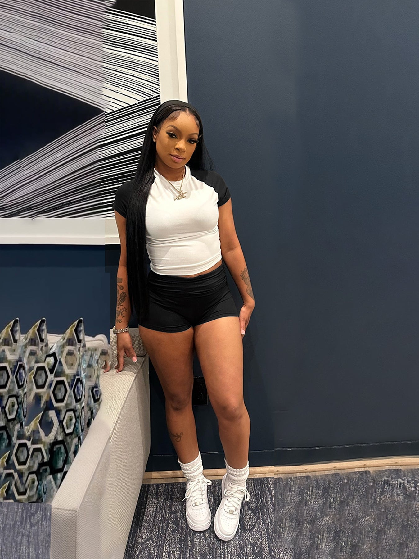 Women street raglan contrast short sleeve top and shorts Casual sports two piece set with headband