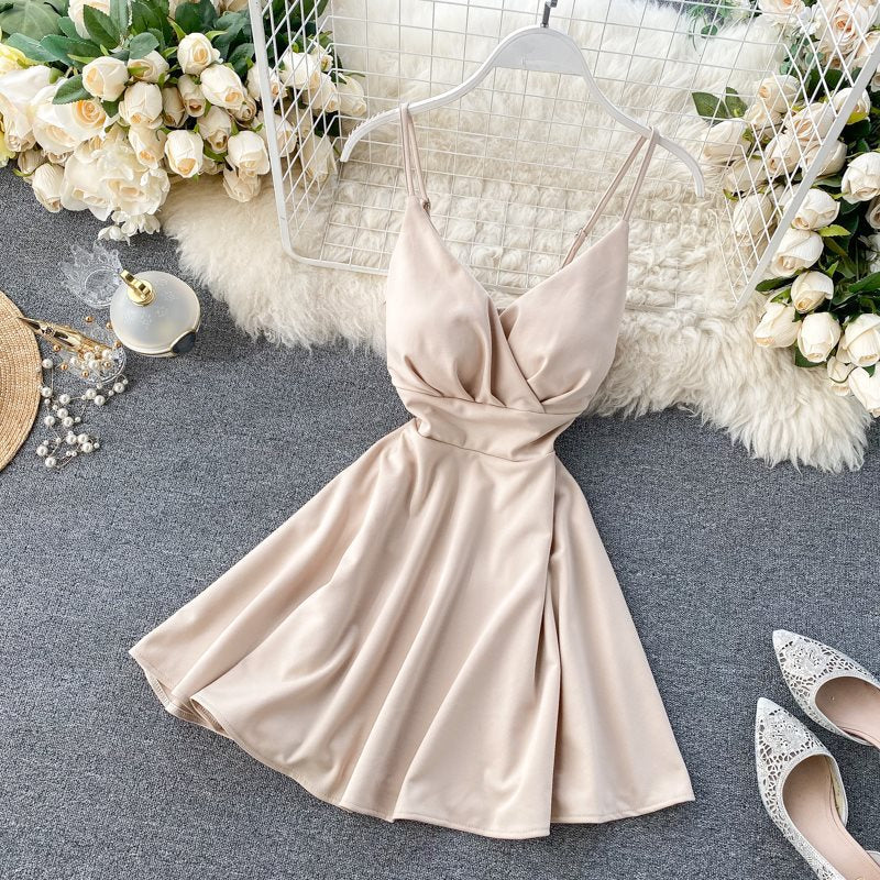 Spring Feminine V-Neck Low Back Slim Waist High Waist Slim Fit Solid Color Straps Basic A-Line Dress 14