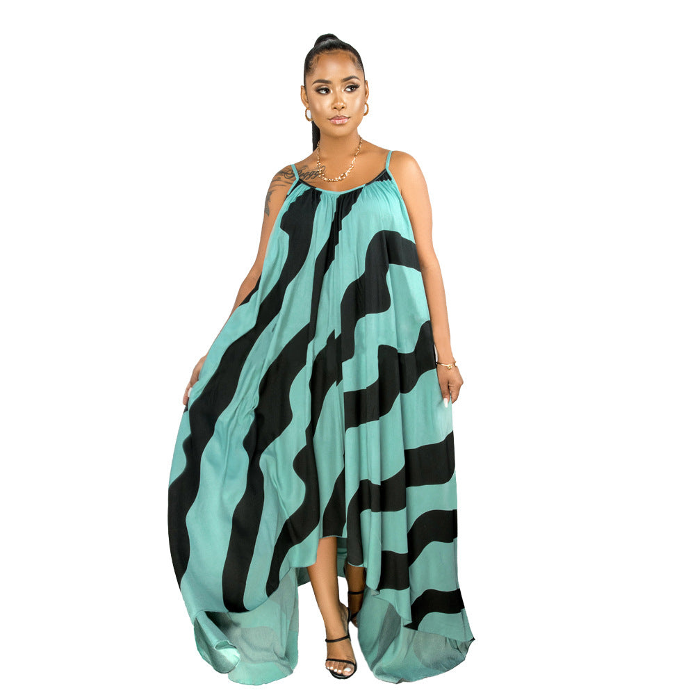 Sexy Women's Irregular Print Strap Loose Dress 11