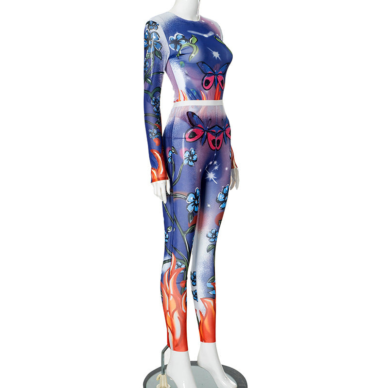 Women's Autumn Fashion Printed Sexy Long Sleeve One-Piece Bodysuit Pants Set 6